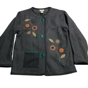 Cedar Canyon Jacket Wool Button Floral Embroidered Felted Womens Sz Medium Gray
